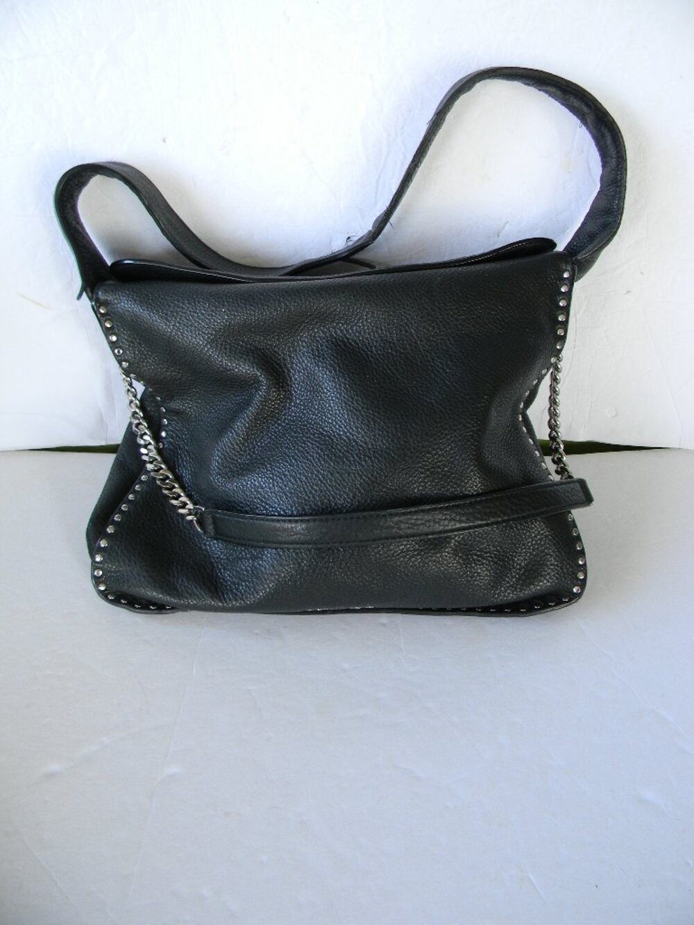 Michael Kors Black Leather SHOULDER BAG Silver Studs 2 Strap Options Bag CHAIN.